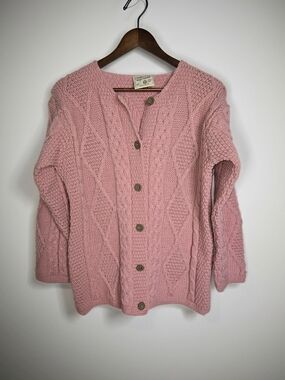 Connemara Knitwear Pink Cable Knit 100% New Wool Cardigan Sweater From Ireland-S